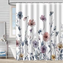 Skimmelresistent badeforhæng, 180 x 200 cm, akvareltryk med planteblade, vaskbart, vandtæt, med kroge, Stil 23, 180*200cm