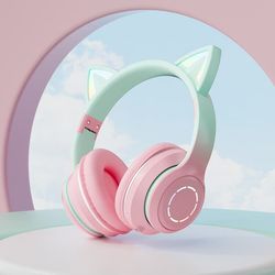 Kat-øre-hovedtelefoner - Trådløse gaming-headsets via Bluetooth 5.1/3.5 mm AUX-kabel, foldbare hovedtelefoner med 7 farver LED-belysning og 4 LED-tilstande til