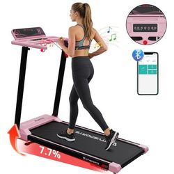 Fällbar och lutande löpband 7,7%, Rosa, APP, 1-12 km/h. 1400w. Med rullhjul för enkel flyttning.