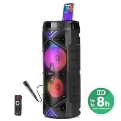FUNBOX KEG PRO - Kraftfull ljudhögtalare Bluetooth 5.0+EDR, karaokefunktion RMS 50W / PMPO1400W, FM-radio, display, två högtalare 6,3”, inbyggd batteri Set med mikrofon och fjärrkontroll