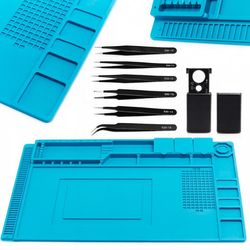 TE-501 silikon blå antistatisk matta 450x300mm med 6 pincetter och förstoringsglas
