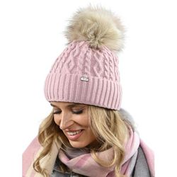 Dame vinterhue i lyserød med pompon, varm fleecehue PL