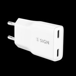 SiGN GaN Ultra Slim Hurtigoplader 2x USB-C, PD & QC3.0, 3A, 20W – Hvid
