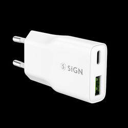 SiGN GaN Ultra Slim Hurtigoplader USB-A & USB-C, PD & QC3.0, 3A, 20W – Hvid