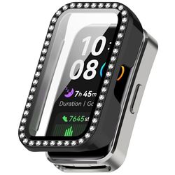 Huawei Band 10 / 9 / 8-etui med rhinestone-dekorasjon PC + beskyttende urdeksel i herdet glassfilm - Svart