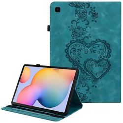 Samsung Galaxy Tab S6 Lite (2024) / (2022) (SM-P610 / 615) Lærveske med hjerteavtrykk, sammenleggbar stativ, kortspor og stylus-holder - Grønn