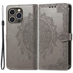 Mandala iPhone 15 Pro Flippetui - Grå