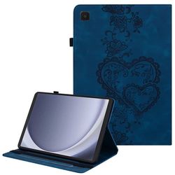 Samsung Galaxy Tab A9 læderetui med hjerteprint, foldbart stativ, kortlomme og stylusholder - Blå