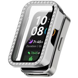 Huawei Band 10 / 9 / 8 Case Rhinestone Decor PC + Tempered Glass Film Protective Watch Cover - Silver