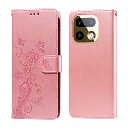 Realme 16 Pro+ 5G lærveske med sommerfugl- og blomstertrykk, lommebok og stativ - Rosa