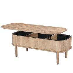 Soffbord med lyftlock, flutet ovalt, 100x48x54.5 cm, burlywood, förvaring
