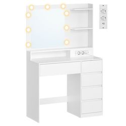 Sminkbord med spegel, LED-belysning, eluttag och 5 lådor, 80 x 40 x 144,3 cm, vit