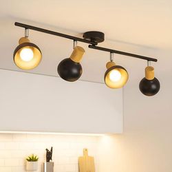 Vintage taklampa i trä och svart metall NETTLIFE - 4 E14 spotlights, justerbara, industriell stil för vardagsrum, kök, sovrum