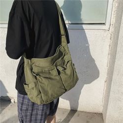 Stor kanvas messenger taske, hobo skuldertaske med flere lommer, afslappet tote taske, Grøn