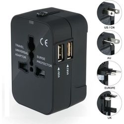 Universell reseadapter, US EU UK AU med 2 USB-portar för kameror, mobiltelefoner, surfplattor, iPads, svart