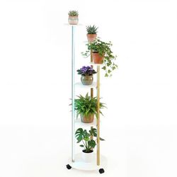 6-etasjes plantestativ med LED-lys og hjul, hvit/gull