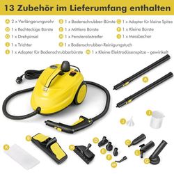 Damprenser 2000 W, 1,8 l tank, 13 deler, med hjul