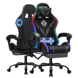 Hoffree Ergonomisk Gamingstol med 2-punktsmassagefunktion, Bluetooth-högtalare och RGB-belysning – PC/Kontorsstol, Grå/Svart