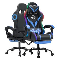 Hoffree ergonomisk spelstol med 2-punktsmassagefunktion, Bluetooth-högtalare och RGB-belysning – PC-kontorsstol, Blå/svart