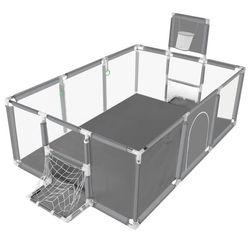 Comomy 180x122CM Stor Baby Kravlegård Børnesikkerhed Legeplads Kravlegårdsgitter med åndbart net, Farve: Grå (Uden Oceanbold)