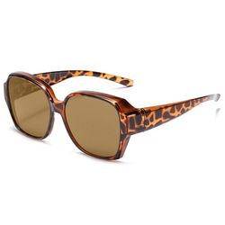 Solbriller ovenpå briller – polariserede Suncovers UV400, brune linser, mørkebrunt leopardstel