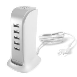 Laddare 5x USB med Inbyggd Strömkabel EU - Vit