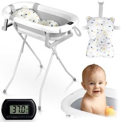 Foldbart badekar til børn og spædbørn med stel, termometer og indsats Ricokids RK-287 hvid og grå