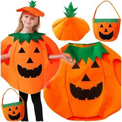 Græskarkostume, lavet af ikke-vævet stof, orange, græskarmønster, Halloween-kostume til børn, størrelse S, sæt