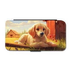 Til iPhone 11 Pro: Tegneserie Golden Retriever Hund, flipdeksel med unikt motiv, mobiletui med stativfunksjon