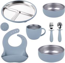 Rustfrit Stål Babymiddagssæt 7-dele, Blå Silikone Sugekop: Tallerken, Kop, 2 Skåle, Hagesmæk & Bestik, BPA-fri Skridsikker, Tåler Opvaskemaskine/Varme