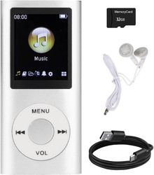 Bluetooth MP3-afspiller med 32 GB SD-kort, 1,8-tommer LCD, FM-radio og stemmeoptager (sølv)