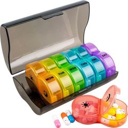 Pillerförvaringslåda (två gånger dagligen), pillerdispenser, pillerlåda (7 dagar - sju färger)