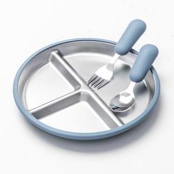 3-delt babymadbeholder, fodersæt i rustfrit stål og silikone med sugekop, opdelt, nem at rengøre til babyer, småbørn - Blå