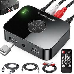 Bluetooth-adapter til stereoanlæg, Bluetooth 6.0 lydadapter, Bluetooth-sender med 3,5 mm AUX RCA-kabel, Bluetooth AUX-adapter med fjernbetjening