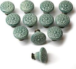 12-pack vintage skåpsknoppar - 34 mm runda keramiska handtag - möbelhandtag - För sminkbord och skåpsdörrhandtag (grön)