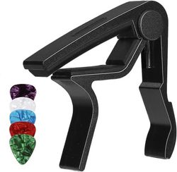 Gitarrkapo med plektrumhållare - plektrum ingår - lämplig för akustiska gitarrer, elgitarrer, ukuleler, basar och banjos (med plektrum) (svart)