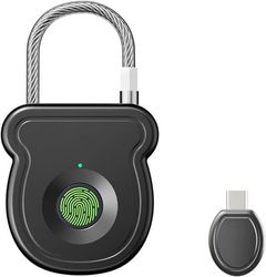 Smart fingeraftryks hængelås med nød-USB-port (sort), vandtæt hurtigoplåsende skabslås.