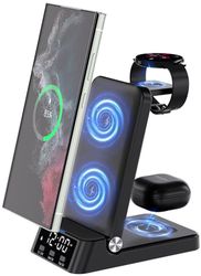 4-i-1 trådløs ladestation, 15W hurtig vertikal oplader med vækkeur til iPhone, Samsung, Apple Watch, AirPods, sort