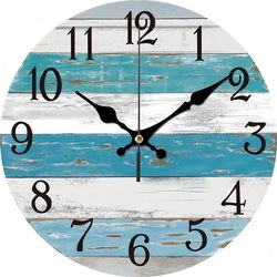 22. Blå strandväggklocka, batteridriven, tyst vintage lantlig kuststil, nautisk, 30x30 cm.
