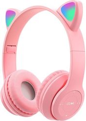 Trådlösa hörlurar för barn - Over-Ear-hörlurar för barn - On-Ear - Bluetooth - Med mikrofon - Kattöronproppar - LED-lampor - Ljusrosa