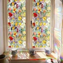 2-pack vintage regnbågsblommiga fönsterdekaler i färgat glas, insynsfilm utan lim (43x100cm)