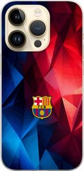 Kompatibelt Mobildeksel til Apple iPhone 15 Pro Fargerikt fotballskjold mot en abstrakt geometrisk bakgrunn i blått og rødt med skarpe polygonformer