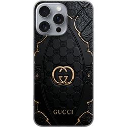Kompatibelt Mobildeksel til Apple iPhone 16 Pro Max Elegant svart monogrammønster med vattert design og gullfargede detaljer