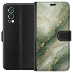 Kompatibel Tegnebogsetui til OnePlus Nord 2 5G Grøn marmor-inspireret design med flydende stenstruktur, lyse sektioner og elegante guld-farvede årer