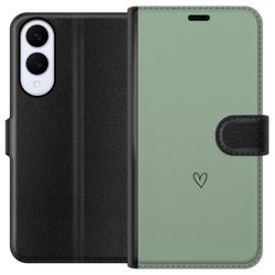 Kompatibelt Lommeboketui til Samsung Galaxy S25 Edge Enkelt svart linjetegnet hjerte på ensfarget myk grønn bakgrunn med et minimalistisk uttrykk