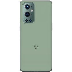 Kompatibelt Mobildeksel til OnePlus 9 Pro Enkelt svart linjetegnet hjerte på ensfarget myk grønn bakgrunn med et minimalistisk uttrykk