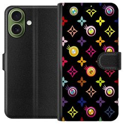Kompatibelt Lommeboketui til Apple iPhone 17 Fargerikt mønster med geometriske symboler og øyne på svart bakgrunn, pop art-design