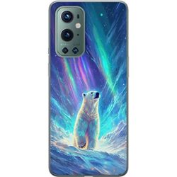Kompatibelt Mobildeksel til OnePlus 9 Pro Isbjørn i blå arktisk miljø med nordlys og snø, detaljert dyremotiv med kalde toner