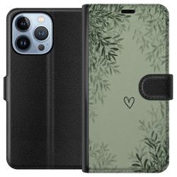 Kompatibelt Lommeboketui til Apple iPhone 13 Pro Grønn minimalistisk bakgrunn med et enkelt hjerte, botaniske blader og myke naturlige skygger