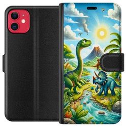 Kompatibelt Lommeboketui til Apple iPhone 11 Tegnede dinosaurer ved elv med vulkan og tropisk natur